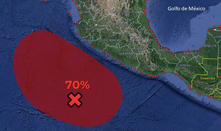 Una parte del mapa de la República Mexicana y a un lado un ovalo de color rojo con una tacha y un 70%