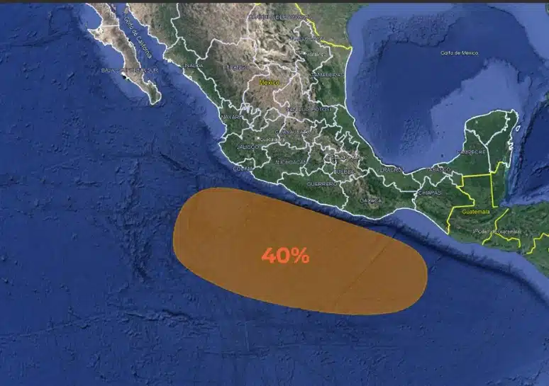 Zona de inestabilidad en el mar a un lado del mapa de la República Mexicana