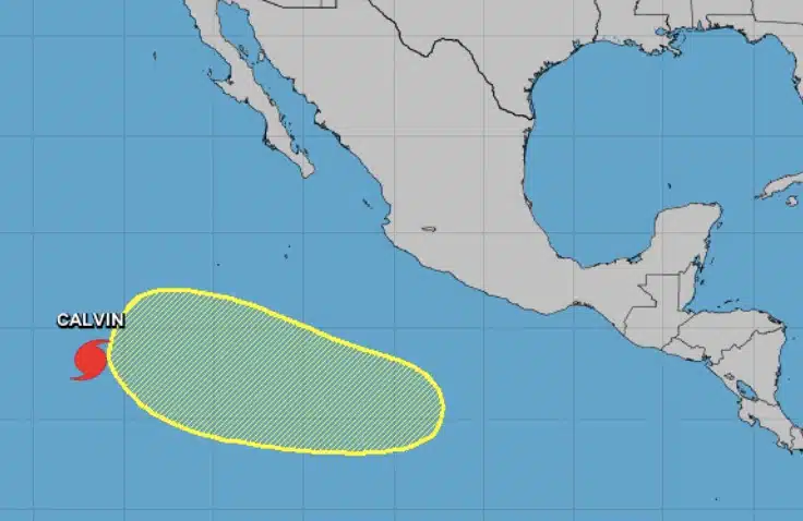 Mapa de México y a un lado alejado de él una zona de inestabilidad en el Pacífico Mexicano de color verde con un rehilete color rojo