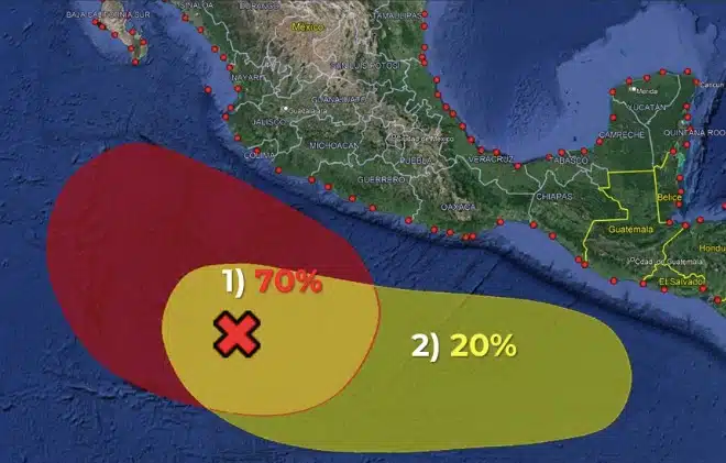 Una parte del mapa de la República Mexicana, a un lado un ovalo de color rojo con una tacha y un 70% adentro, otro ovalo de color amarillo con un 20% y una tacha adentro