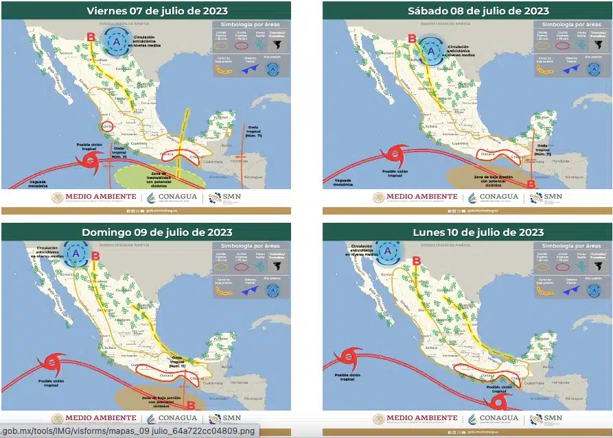 Mapa de México donde se muestra la posible activación de dos ciclones