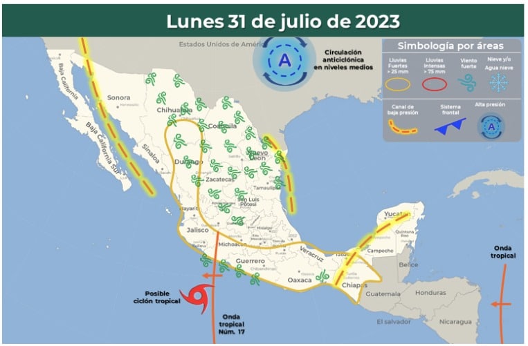 Pronóstico del clima del SMN para el próximo lunes 31 de julio, en el que indica el potencial nacimiento del ciclón tropical Dora.