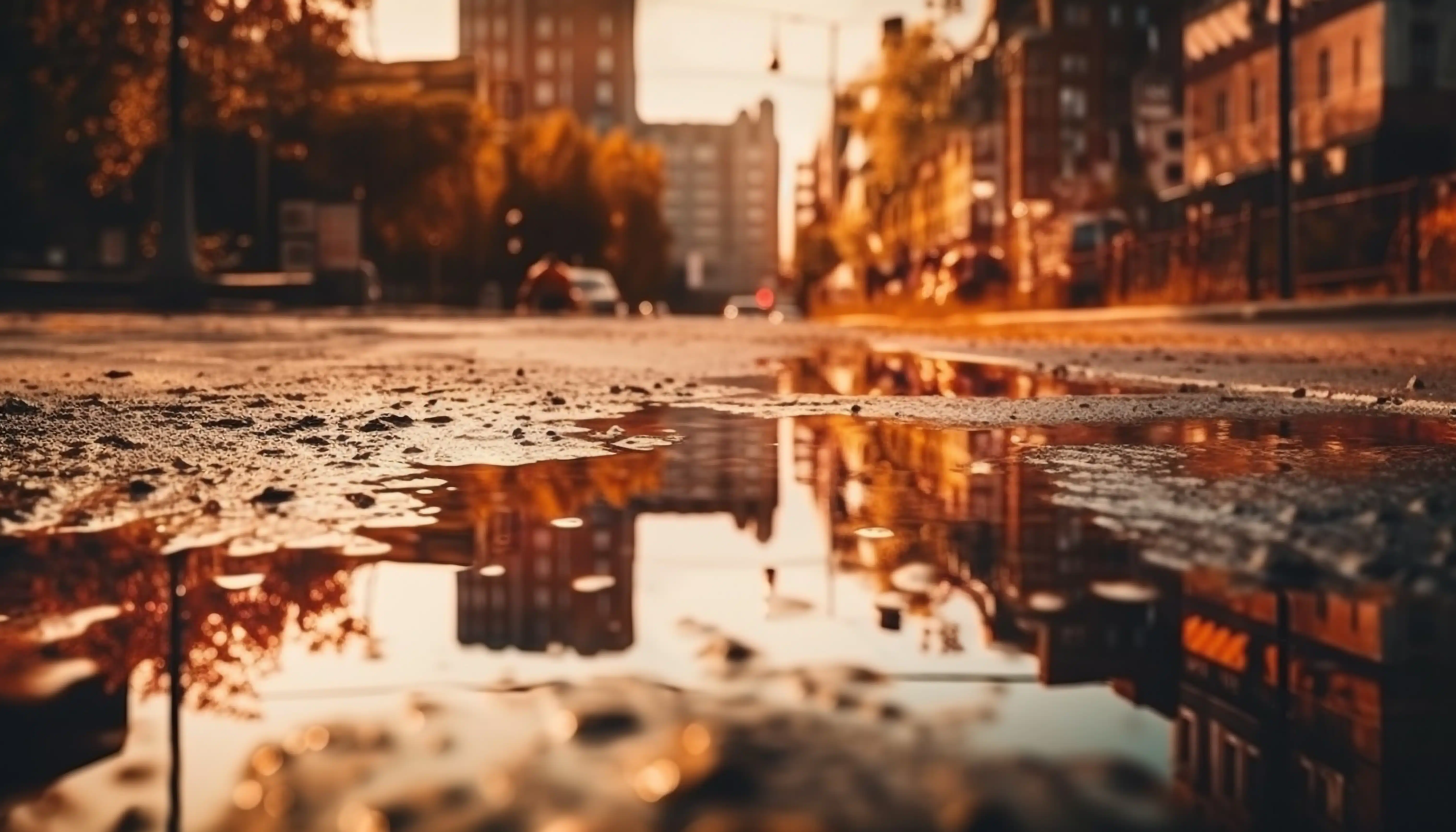 Ciudad con iluminación de atardecer con calles que reflejan los edificios en los charcos originados por lluvias