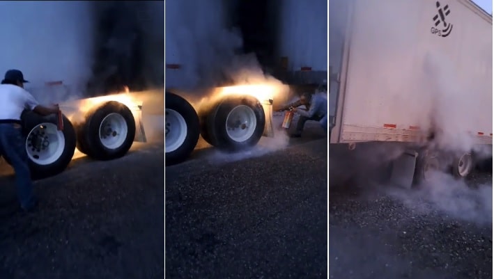 Traileros ayudan a extinguir fuego de un tractocamión