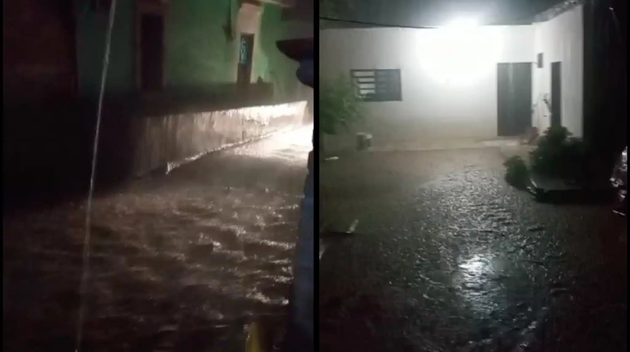 A la izquierda, calle inundada tras lluvias en Chinobampo. A la derecha, lluvias afuera de una casa.