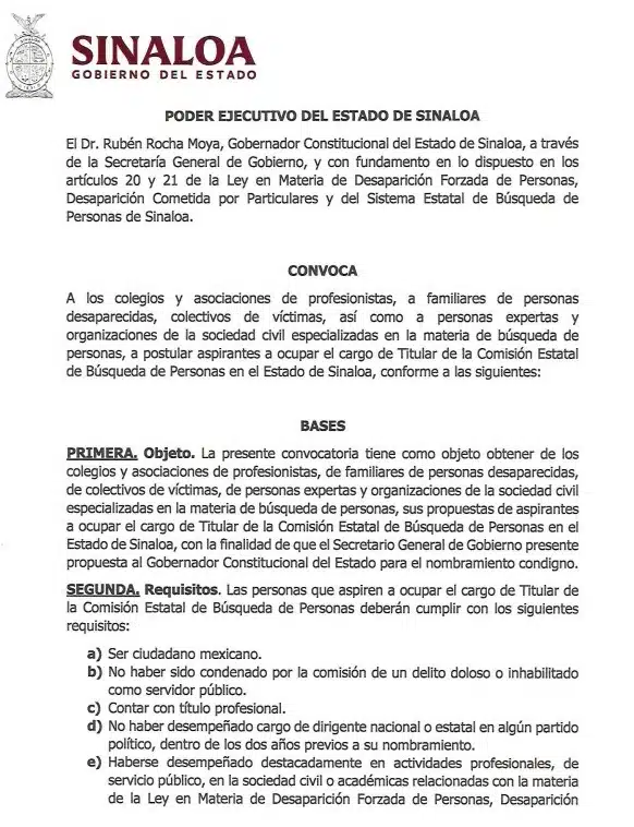 requisitos para los aspirantes a la Comisión de Búsqueda en Sinaloa