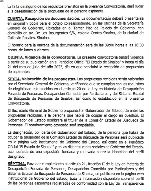 requisitos para los aspirantes a la Comisión de Búsqueda en Sinaloa