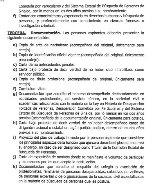 requisitos para los aspirantes a la Comisión de Búsqueda en Sinaloa