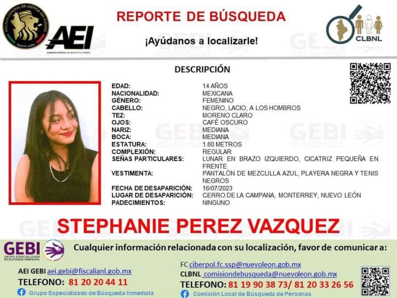 ¡Se busca! Stephanie Pérez, de 14 años, desapareció en Monterrey