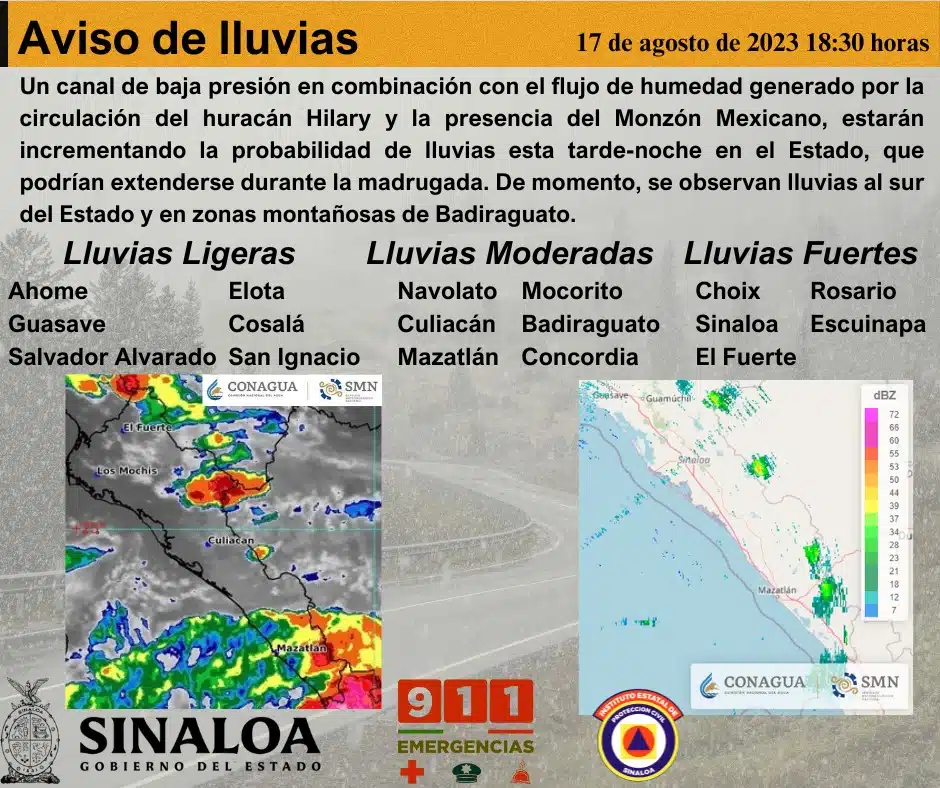 Pronóstico de lluvias en Sinaloa por parte de Protección Civil