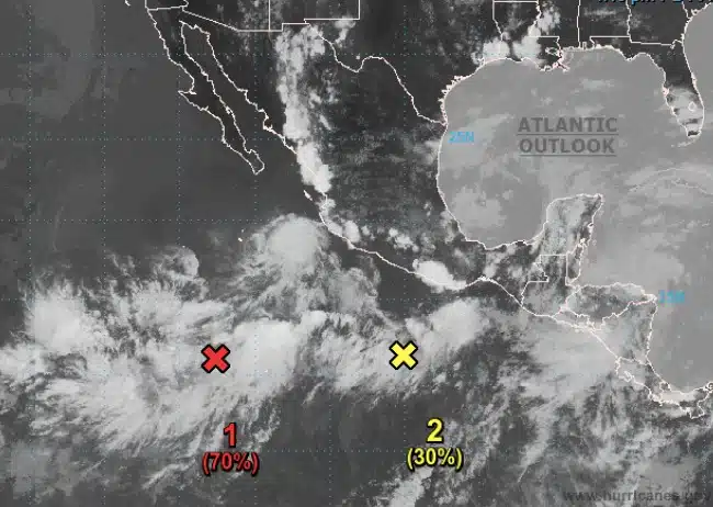 Mapa de México donde se muestran los sistemas con potencial ciclónico en el océano Pacífico
