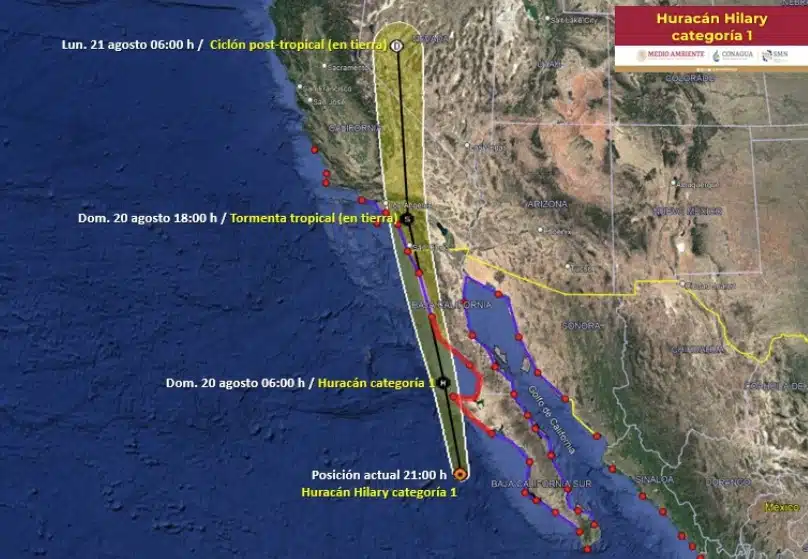 Mapa de México donde se muestra la trayectoria del huracán Hilary