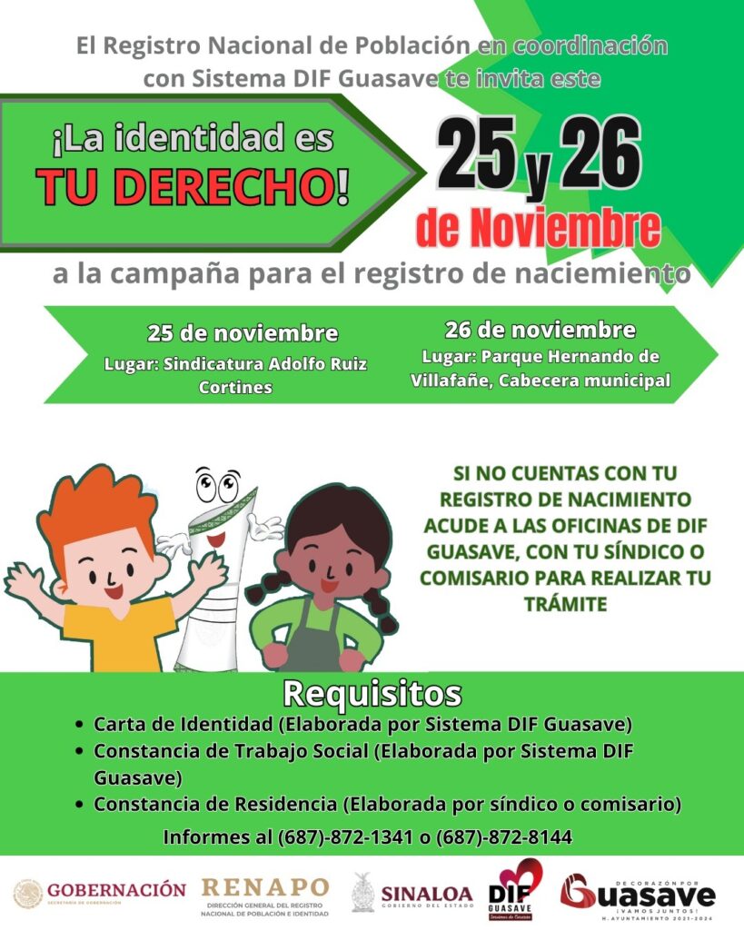 Invitación para la campaña de Registro Civil en Guasave