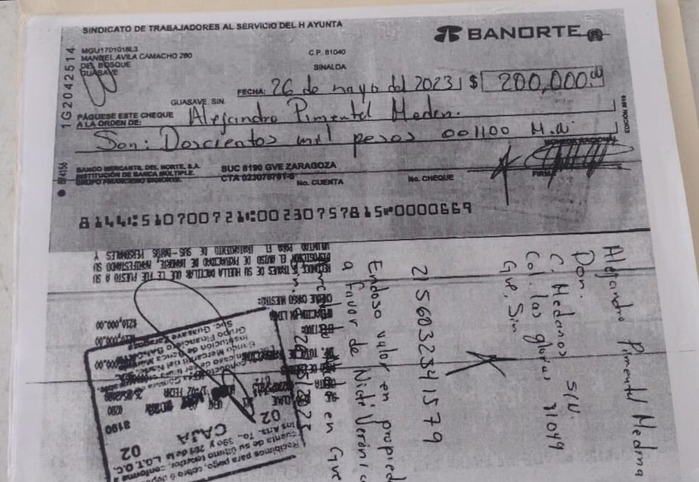 Copia de cheque cobrado por Pimentel Medina