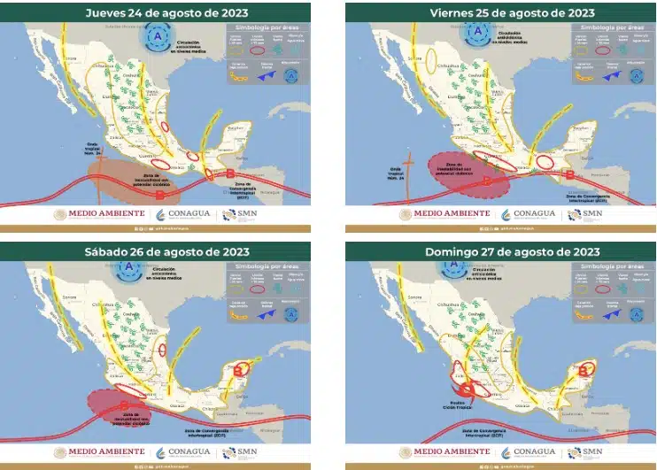 Cuatro mapas de México donde se muestra el nacimiento y progreso del ciclón Irwin