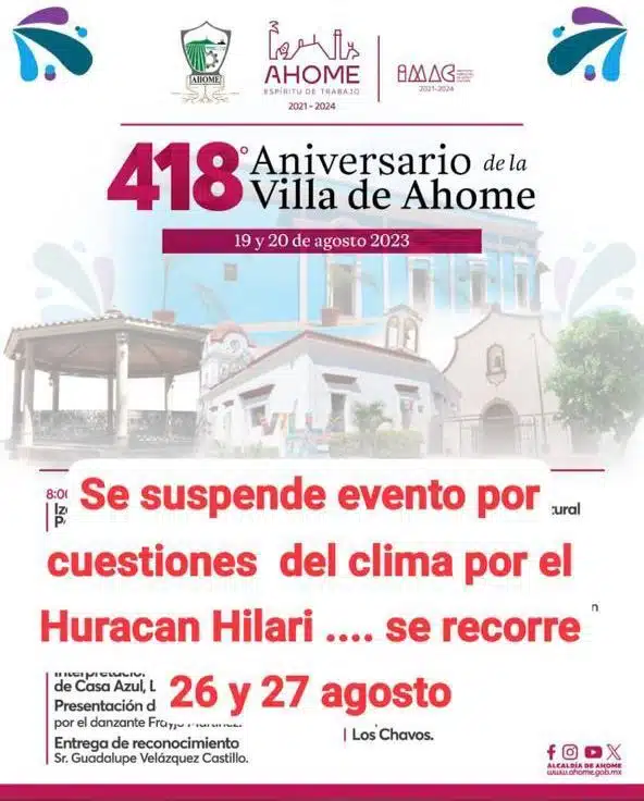 Aviso de suspensión del 418 aniversario de la Villa de Ahome