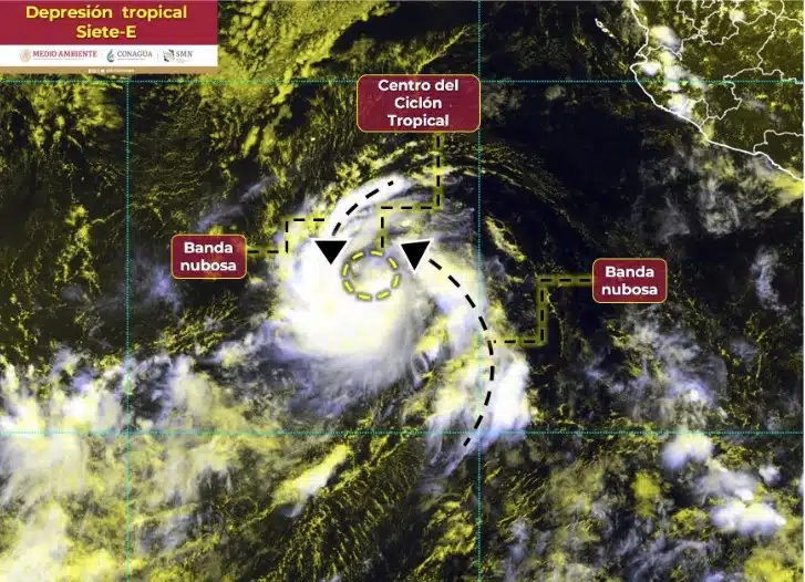 Mapa en el que se muestra la formación de la depresión tropical Siete-E
