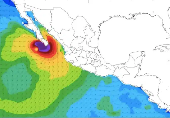 Mapa de México donde se muestra la potencial zona a tocar del huracán Hilary