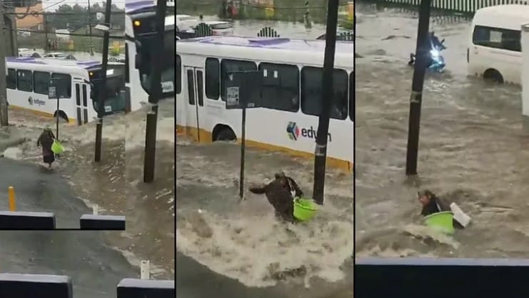 Abuelita arrastrada por inundación en Coacalco