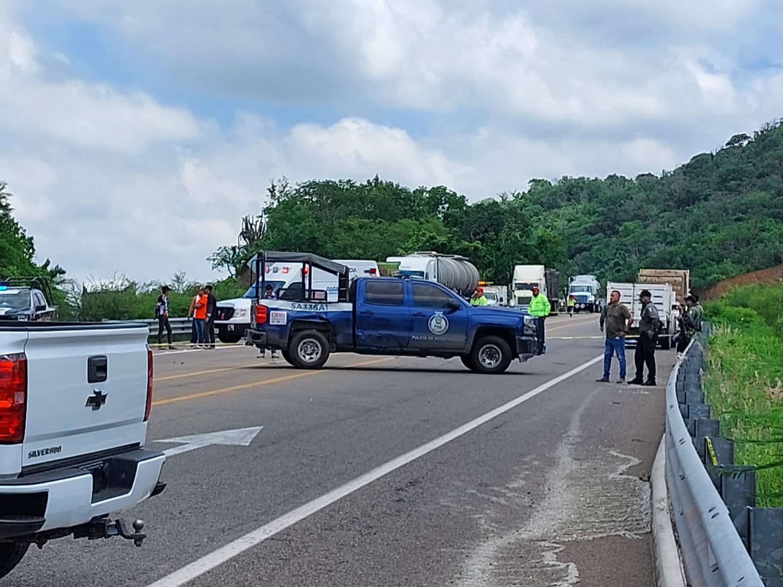 Personas sobre la carretera, tráilers y camionetas, al fondo árboles