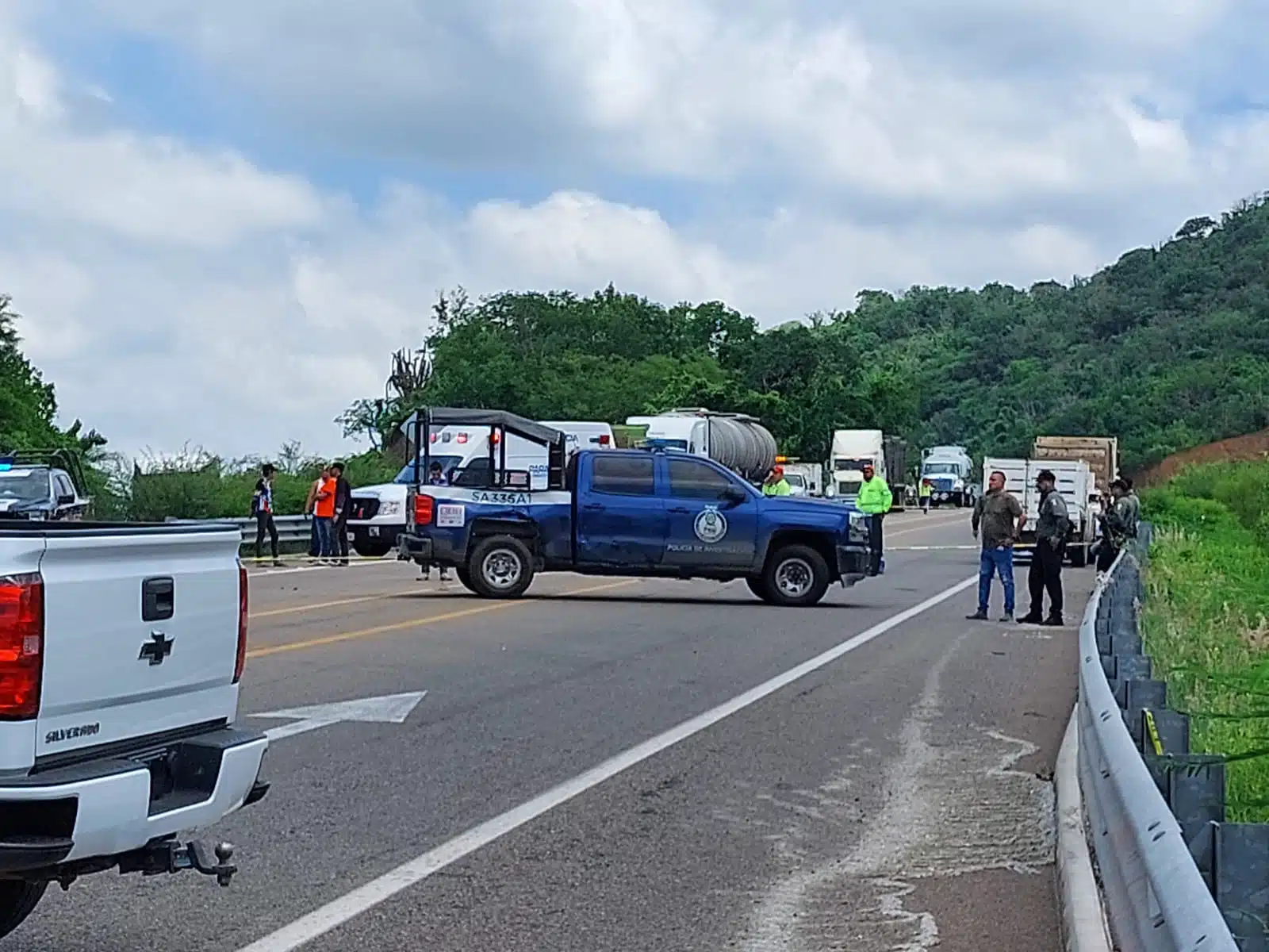 Personas sobre la carretera, tráilers y camionetas, al fondo árboles