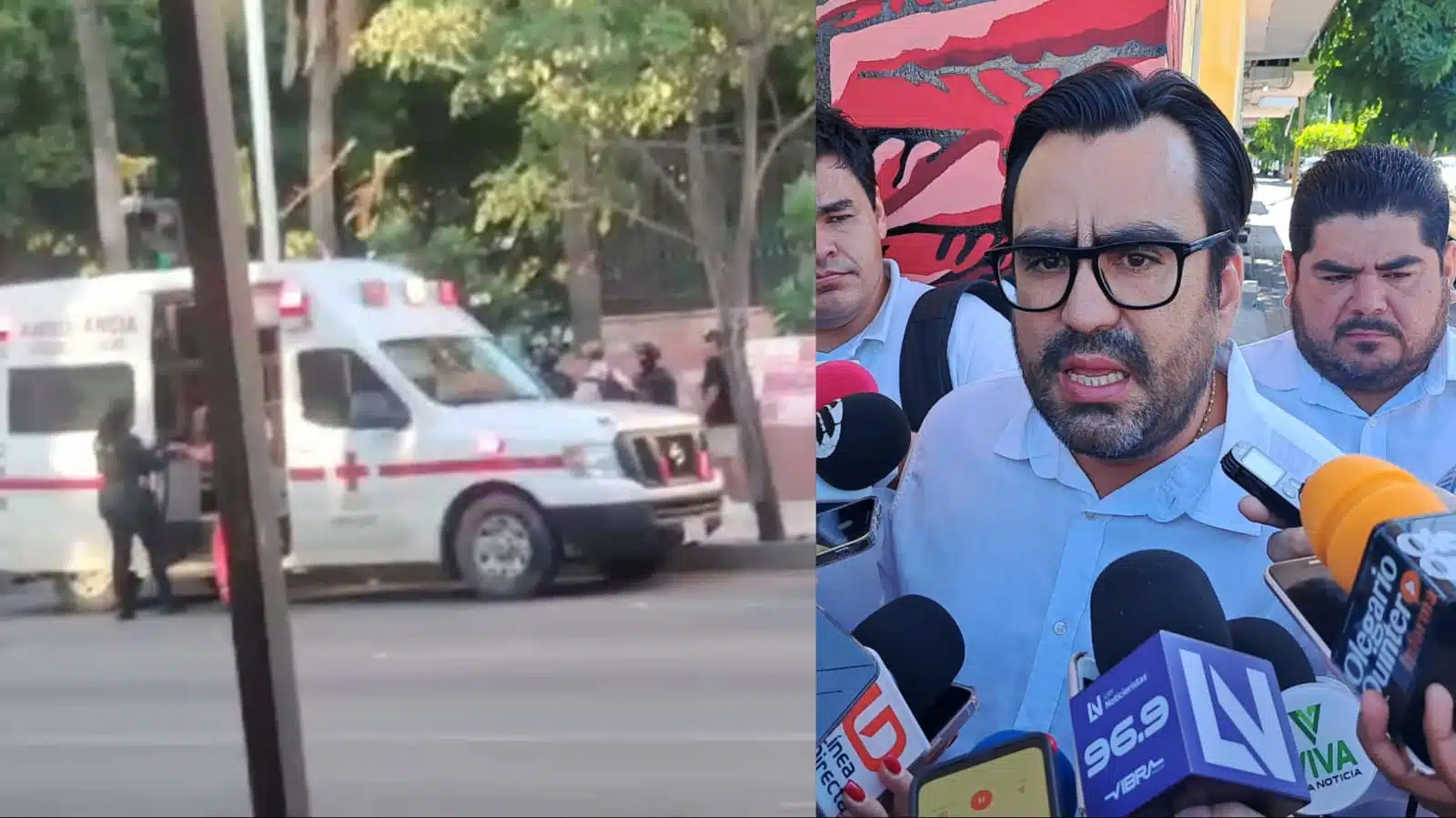 Imagen izquierda fotografía de ambulancia y autoridades en el momento del hecho, en la imagen derecha se muestra al alcalde de Culiacán con la prensa