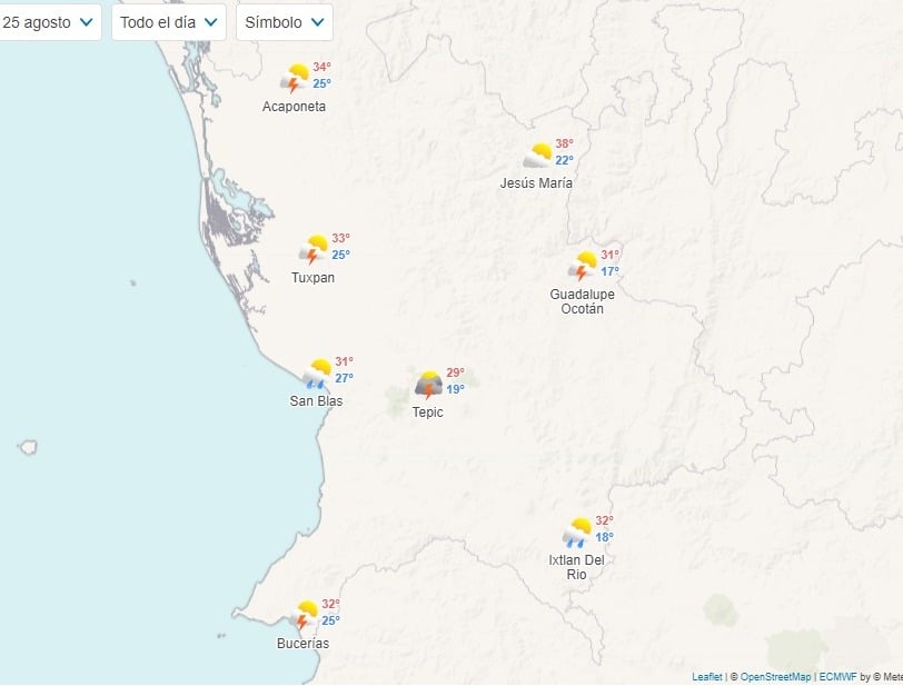 Imagen del estado de Nayarit y sus temperaturas