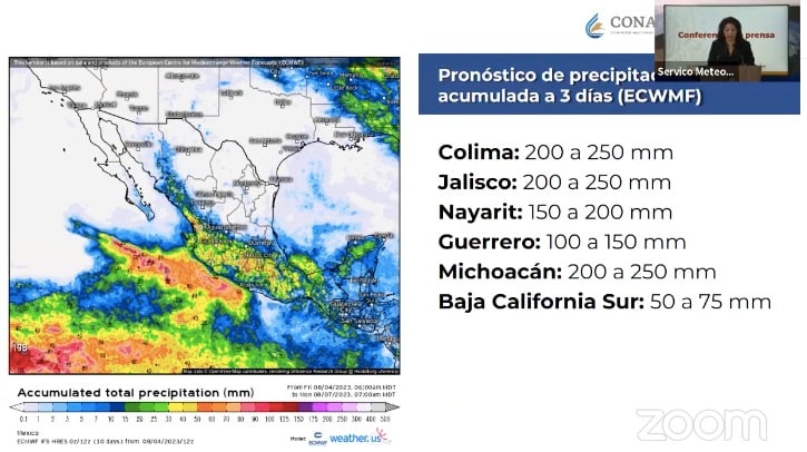 Acumulados de lluvias que se prevén por el potencial ciclón Eugene en el Pacífico. 