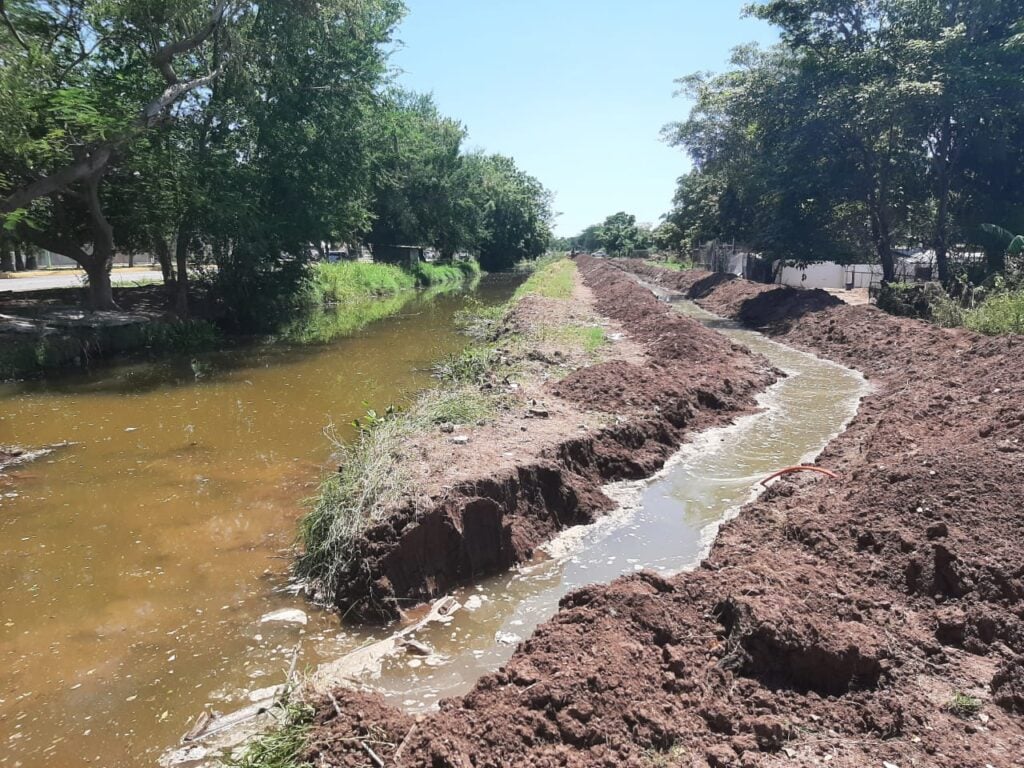 Un canal con agua, tierra y árboles