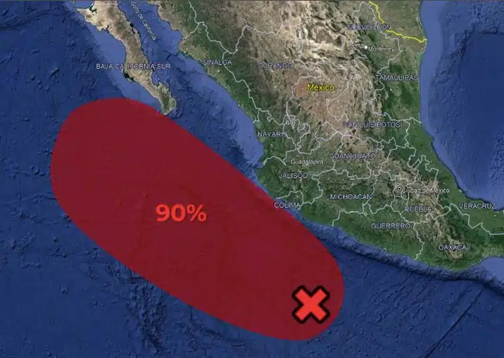 Mapa de la República mexicana y a un lado un óvalo con una tacha adentro y un 90% de color rojo