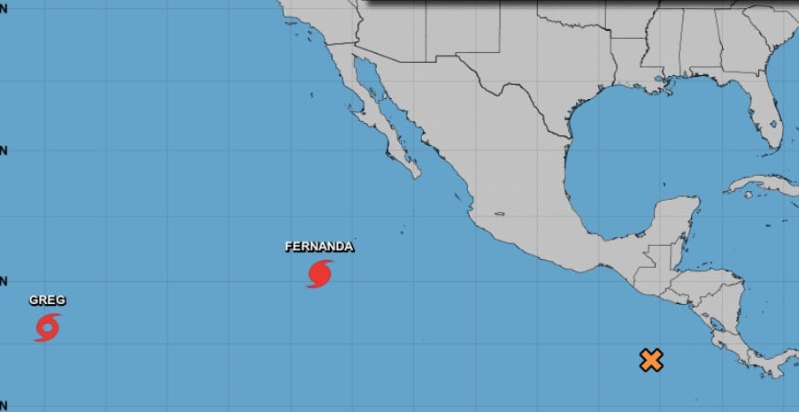 Mapa de la república mexicana con 2 relieves color rojo que marcan huracán y ciclón y una tachita color amarilla