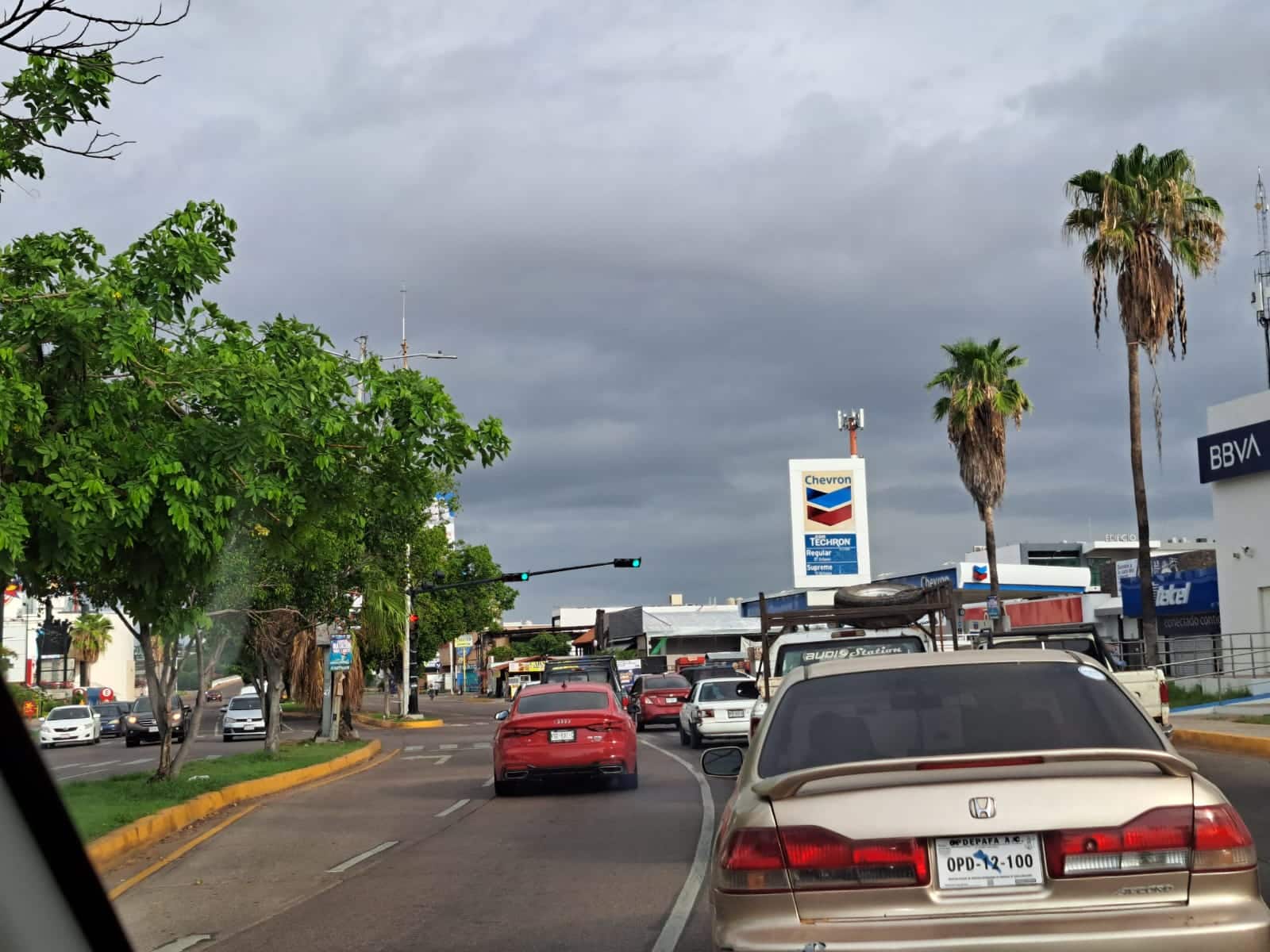 Nubes, carros, árboles y palmeras
