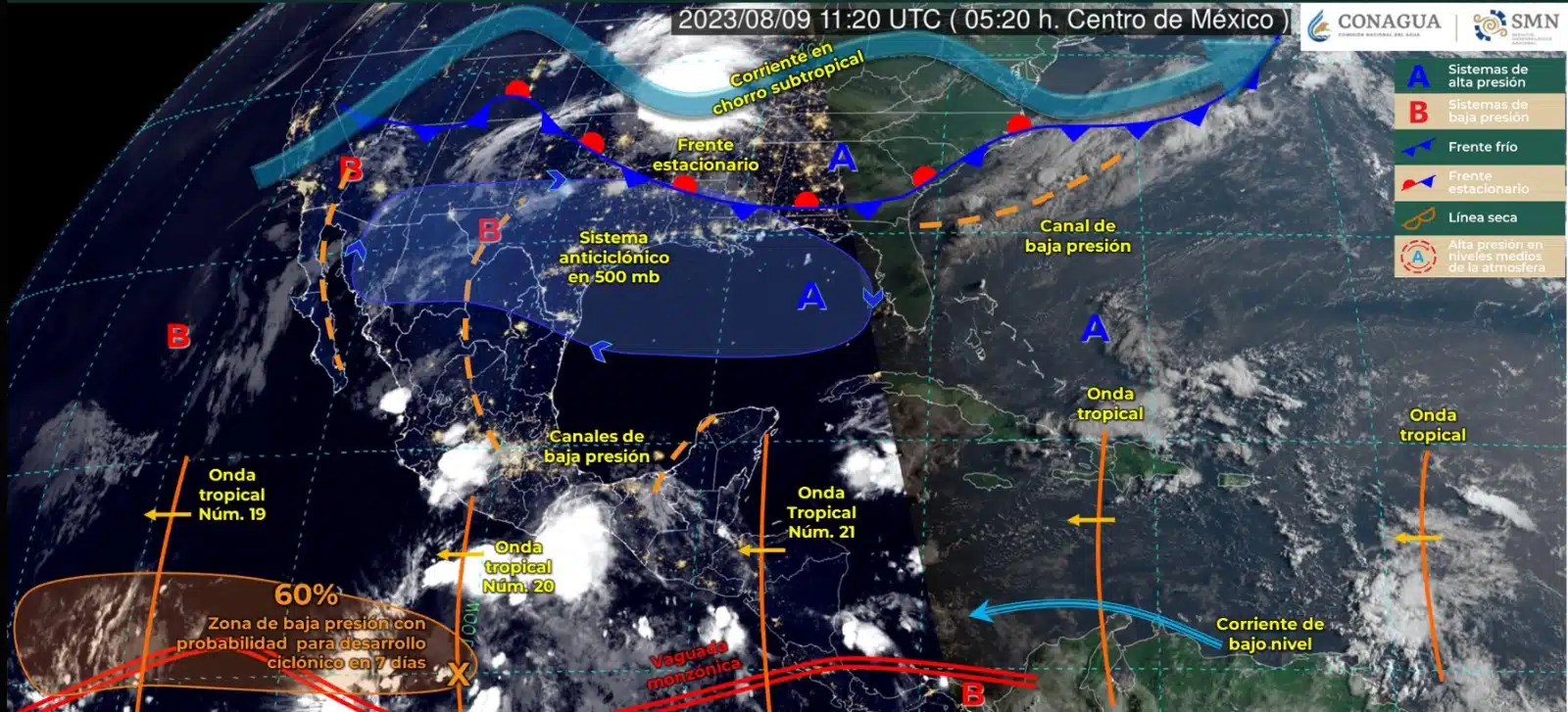 Mapa del Servicio Meteorológico Nacional con sistemas activos