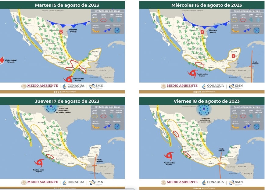 Pronóstico del clima extendido del SMN en el que se observa el nacimiento del ciclón Hilary a partir del martes.