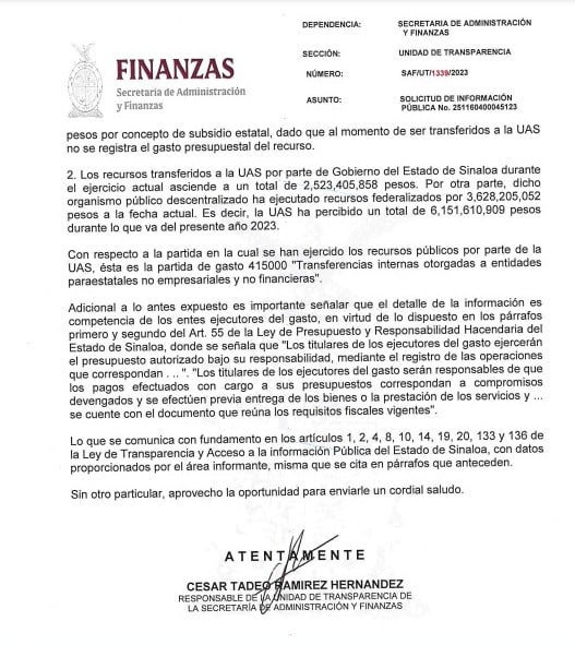 Documento de la Secretaría de Finanzas donde refiere que la UAS recibió más de 2 mil 500 mdp de Gobierno del Estado en el 2022