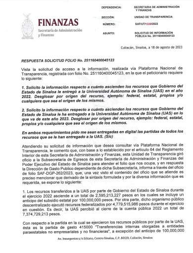 Documento de la Secretaría de Finanzas donde refiere que la UAS recibió más de 2 mil 500 mdp de Gobierno del Estado en el 2022