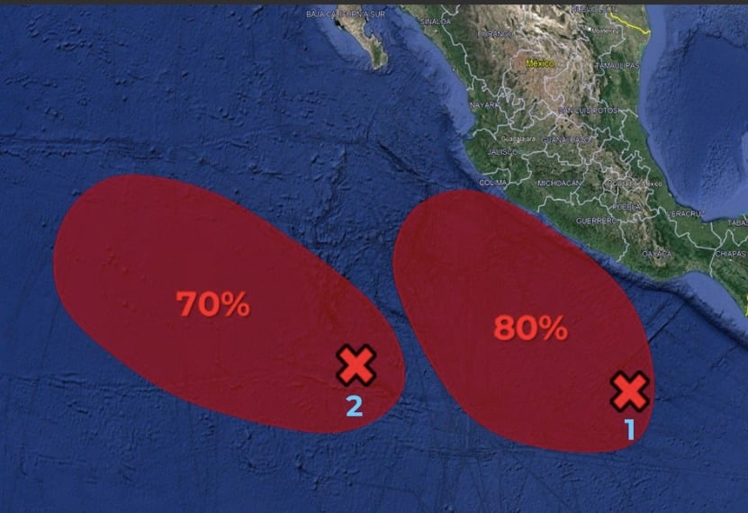Parte del mapa de la república mexicana con 2 óvalos rojos y adentro de ellos números, porcinos y tachitas