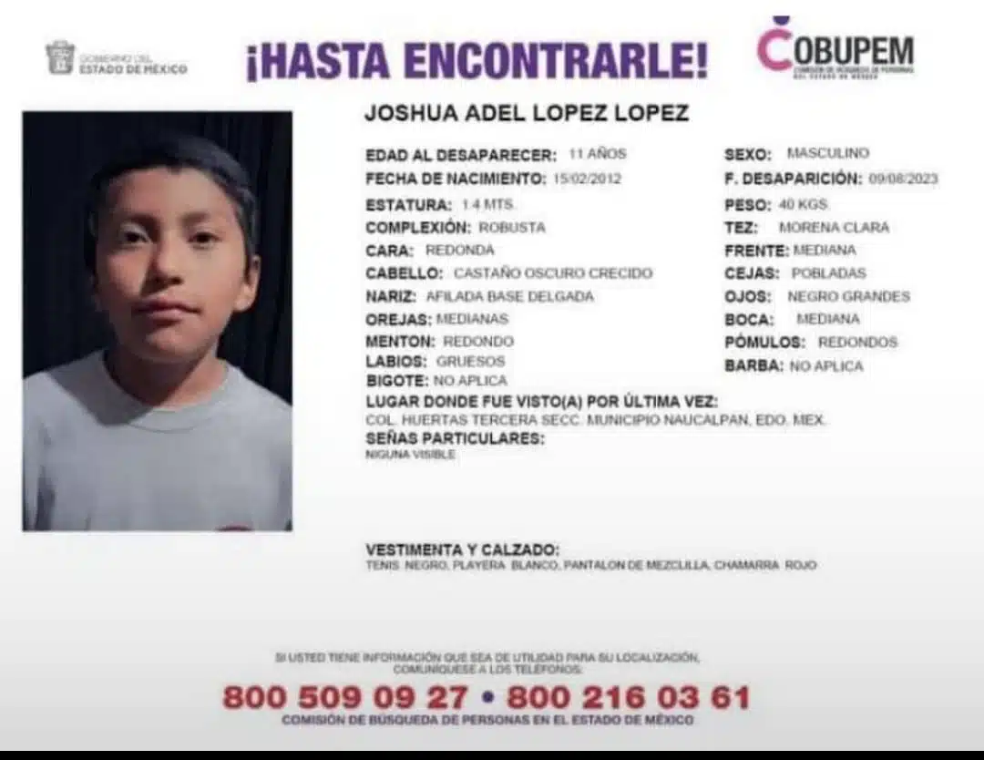 Has visto a Joshua Adel, tiene 11 años de edad y desapareció en Naucalpan