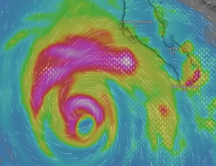 Mapa de cómo se ve Hilary al degradarse a huracán categoría 3