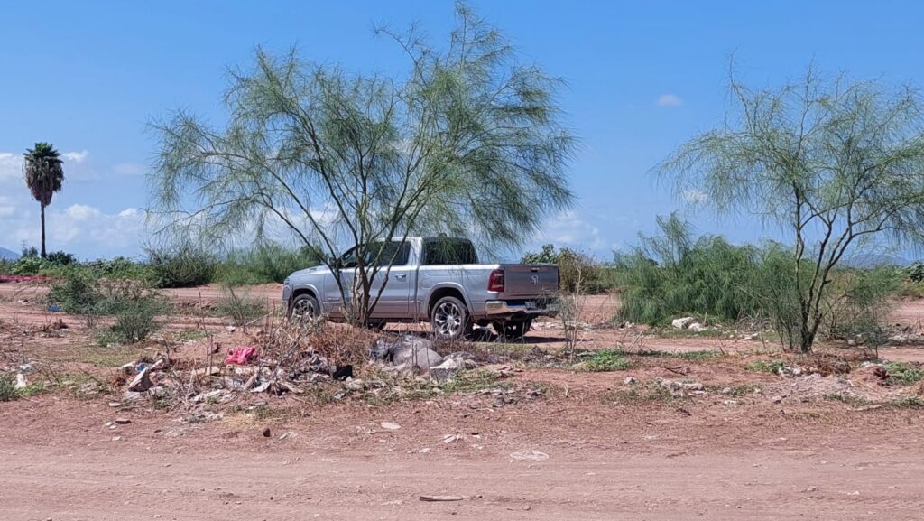 Una camioneta, árboles, arbustos y terracería