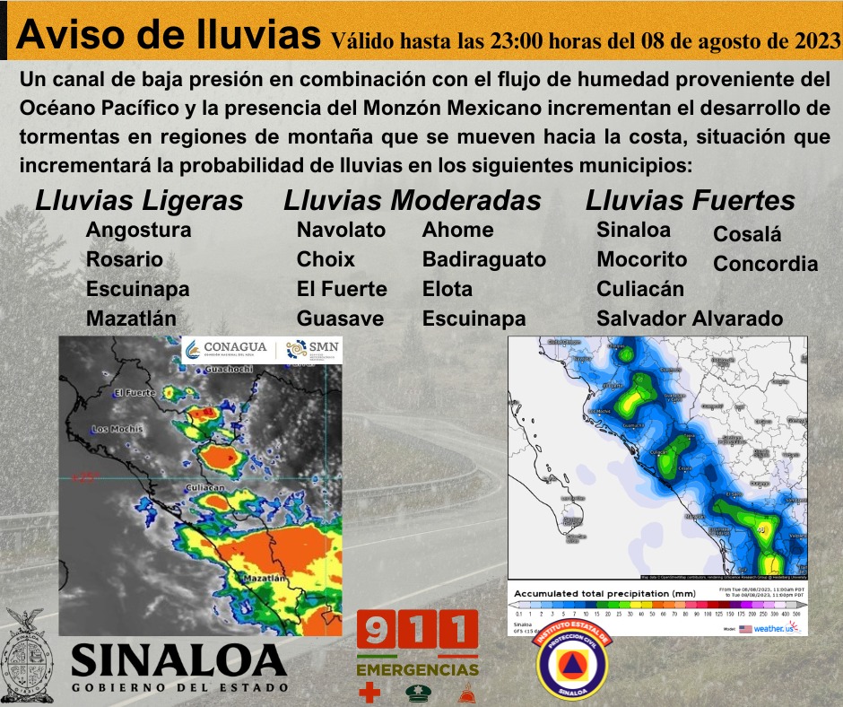 Aviso de lluvias Protección Civil Sinaloa