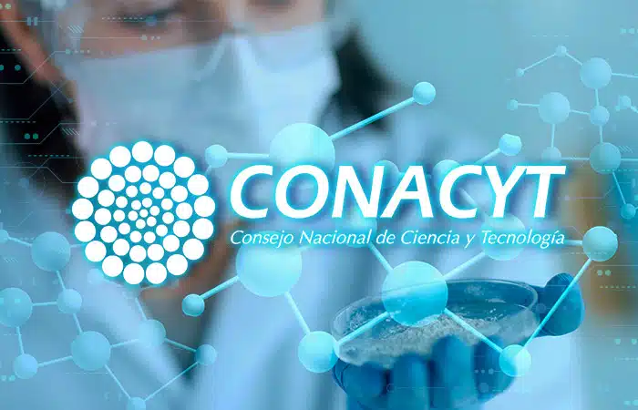 Logotipo de Conacyt sobre imagen de científico