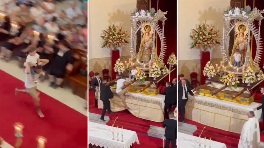 Hombre corre con un niño en iglesia