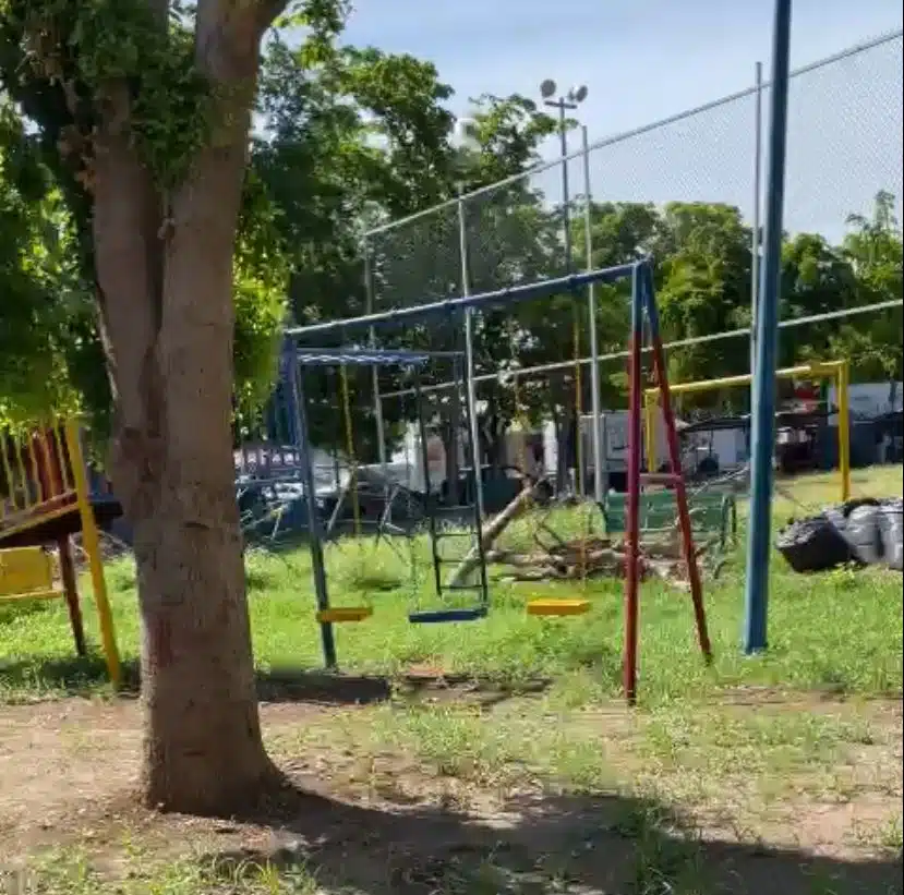 Un parque con juegos, árboles, tambos de basura, ramas y basura