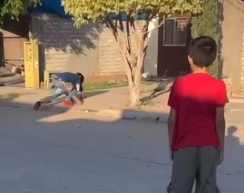 2 personas pelando en el suelo, una más mirando, una calle, casas, y árboles