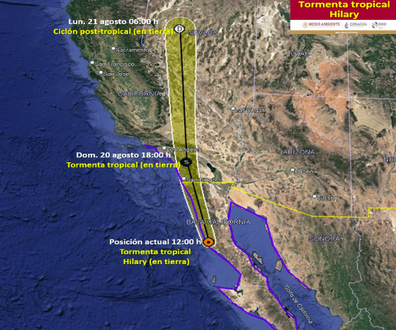 Pronóstico de trayectoria de Hilary durante las próximas horas. SMN