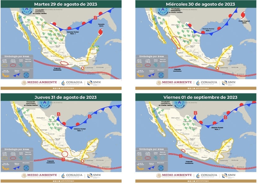 En el pronóstico a 96 horas del SMN, se observa una línea azul con círculos en rojo que indican el frente frío uno, fuera de temporada.