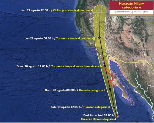 Mapa de pronóstico de trayectoria del huracán Hilary donde dice el SMN que este sábado a las 12:00 del mediodía se degradará a categoría 3