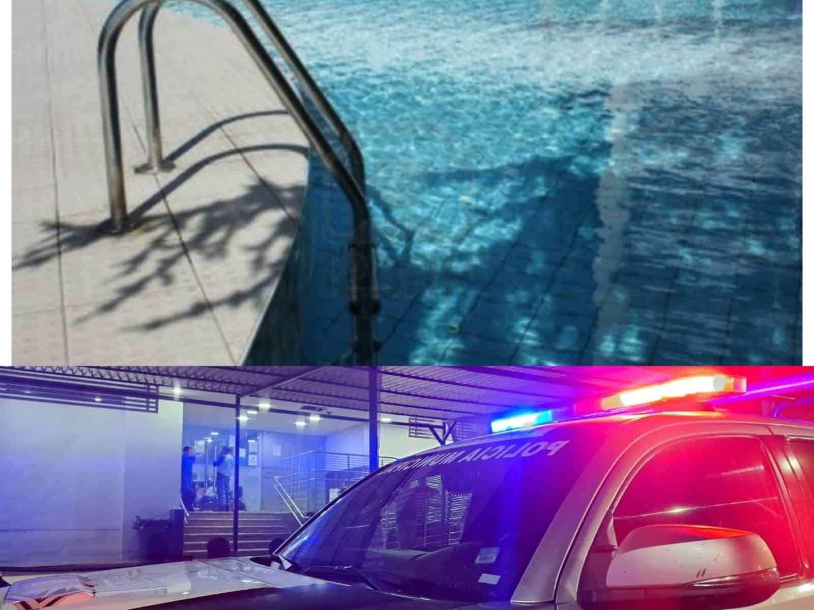 Alberca en una parte de la foto y una patrulla en un hospital de Sinaloa en la otra parte de la imagen