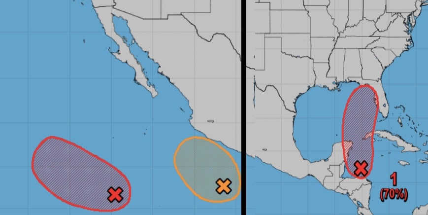Mapa de la República Mexicana, Estados Unidos, 3 óvalos 2 rojos y uno amarillo con una tachita adentro cada uno